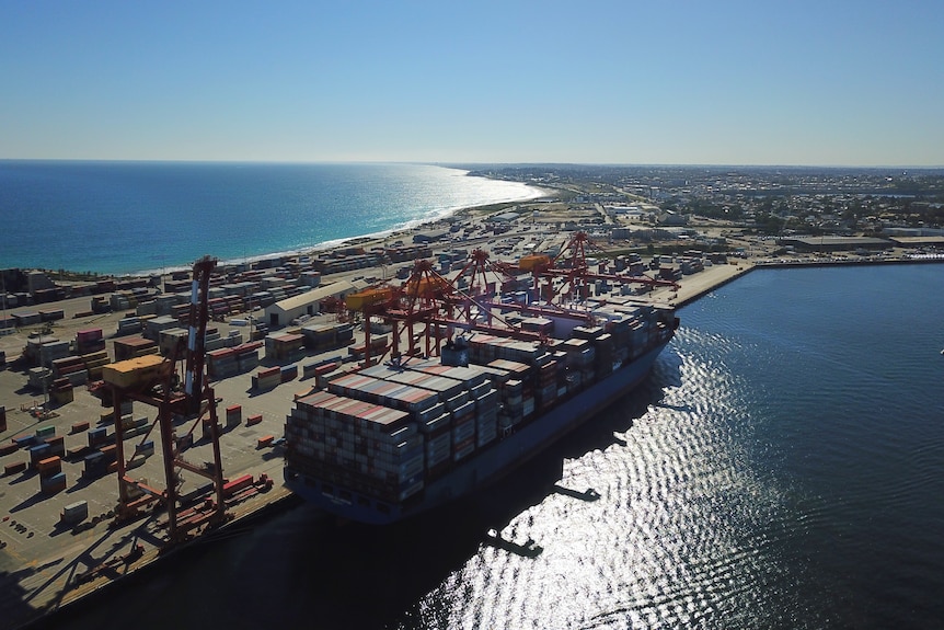 A drone photograph of a ship at Fremantle Port on a sunny day.