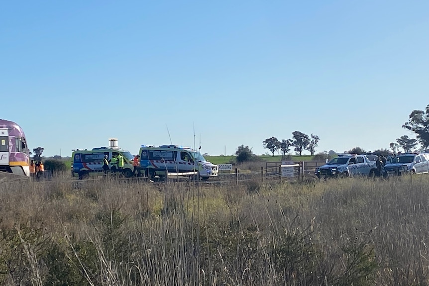 A derailed train with emergency vehicles