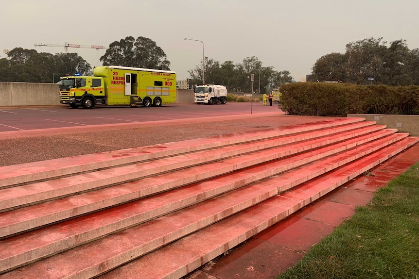 Red steps and carpark at Rond Terrace in Canberra.