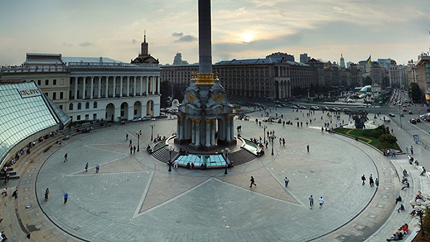 Looking at the centrepiece statue in Kiev's Independence Square.