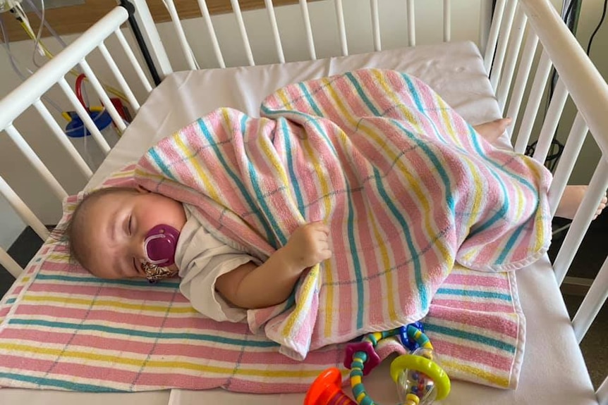 A baby named Willow sleeps in a crib with a pink blanket over her