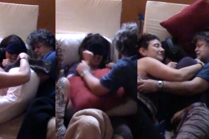 Three images of a woman lying on a bed and a man and woman holding her arms, and hugging her.