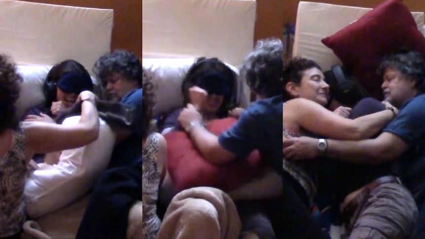 Three images of a woman lying on a bed and a man and woman holding her arms, and hugging her.