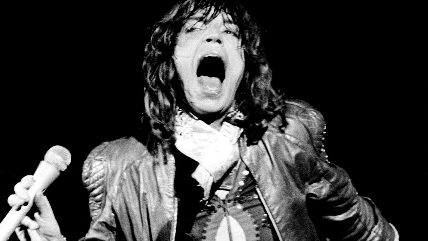 Mick Jagger performs with the Rolling Stones at Knebworth in 1976.