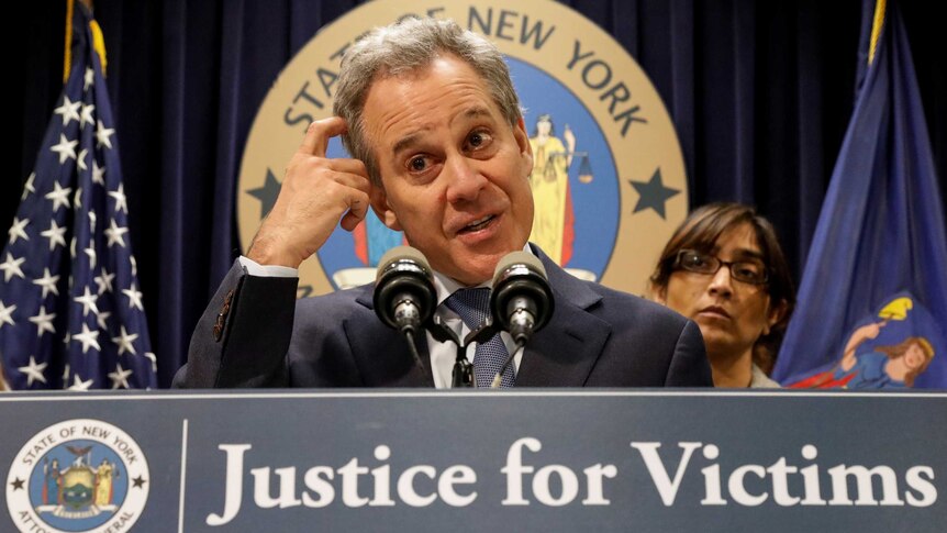 New York Attorney General Eric Schneiderman speaks during a news conference.