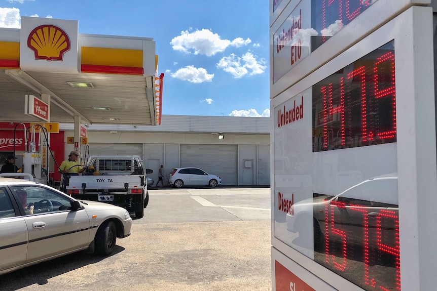 A Shell petrol station's prices on display in Canberra, showing 146.4 cents per litre for unleaded petrol.