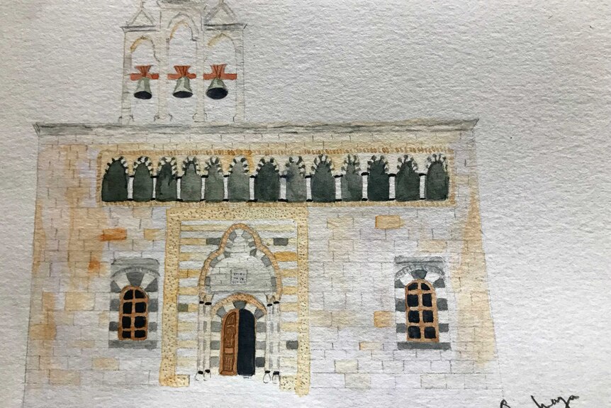 A delicate, watercolour painting of a monastery in Lebanon.