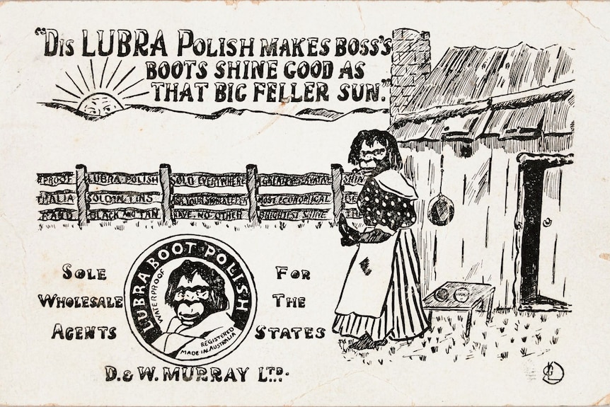 An historic drawing of a woman with dark features and ape-like face selling boot polish