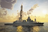An artist's rendering of a warship launching a number of missiles vertically.