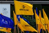 Khalistan flags flying outside the UN HQ in New York. 