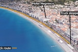 The truck drove along the famous Promenade des Anglais bordering the Mediterranean Sea in Nice.