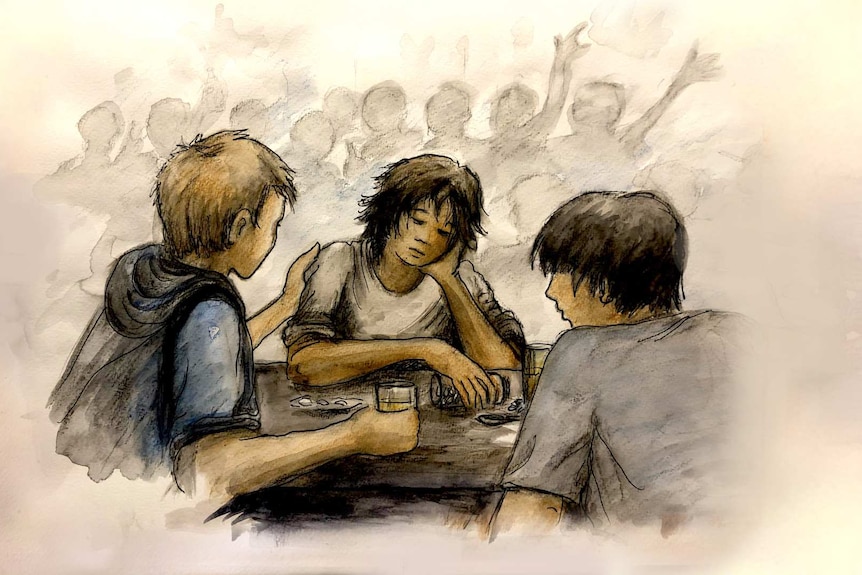 A drawing of three children at a table.