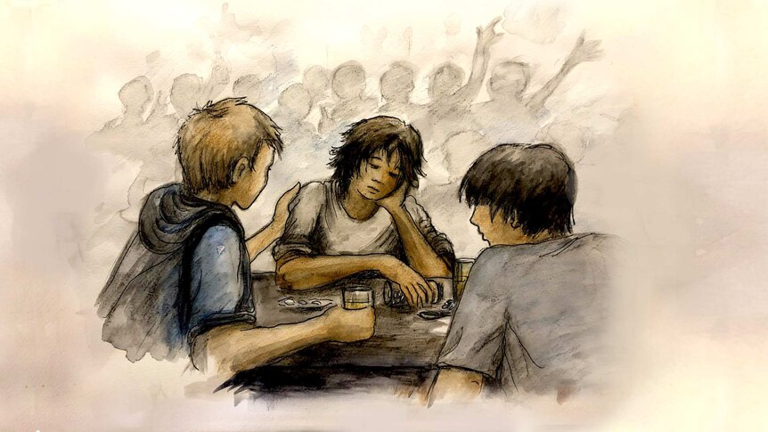 A drawing of three children at a table.