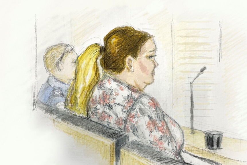Sketch of Kerri-Ann Conley in court for hearing after pleading guilty to manslaughter of daughters, woman behind glass