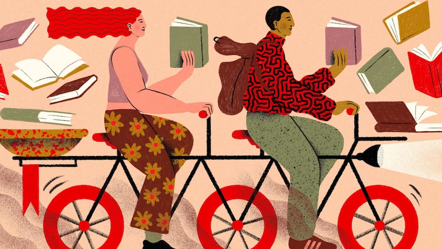 An illustration of a man and woman on a tandem bike both riding while reading a book, surrounded by books