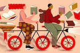 An illustration of a man and woman on a tandem bike both riding while reading a book, surrounded by books