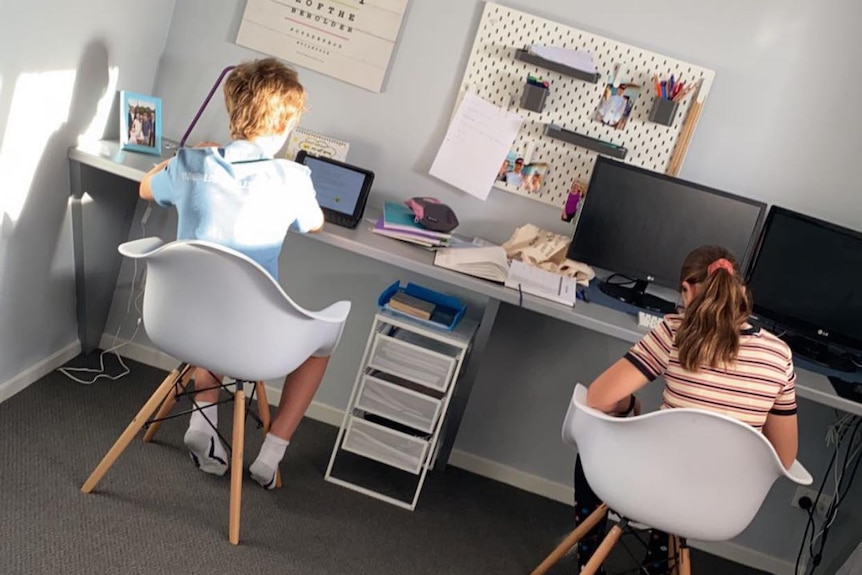 A boy and a girl sit at a desk with their computers.