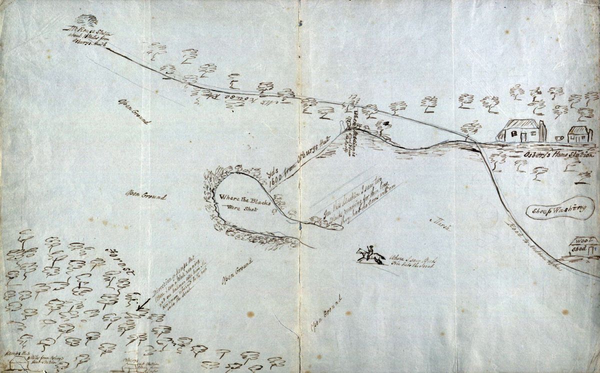 A  well-drawn pencil map of farmland detailing the murder of an indigenous family