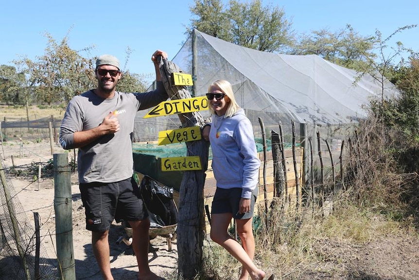 Carly and Michael at the vege garden they looked after in Ngepi