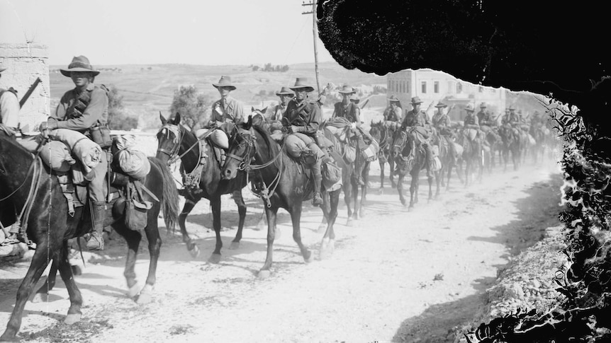 Members of the 6th Australian Light Horse regiment leaving Jerusalem for a demobilisation camp.