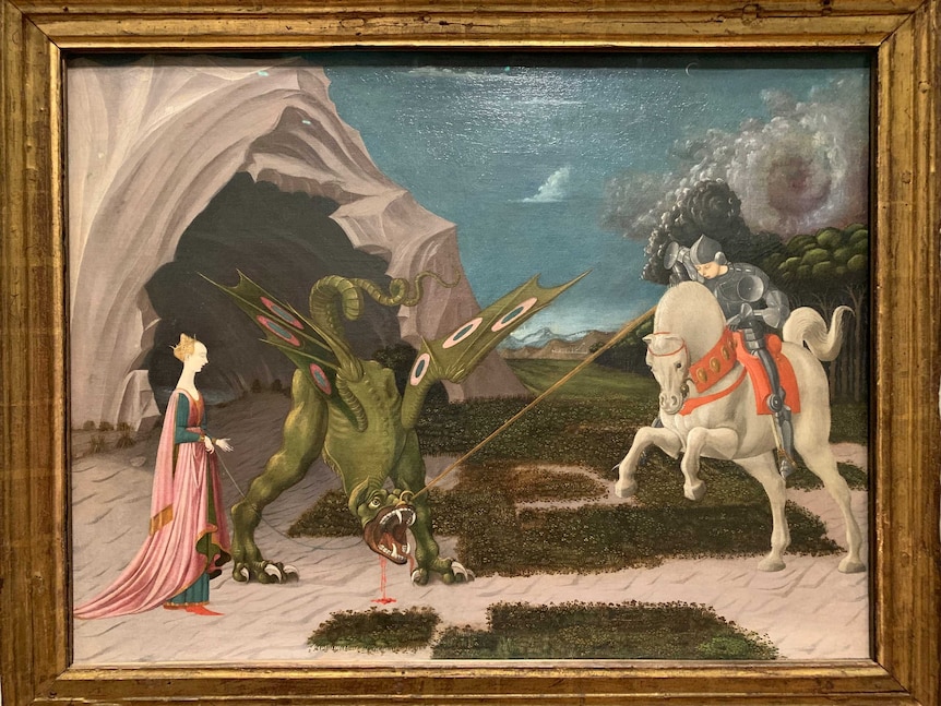 A scene of a knight on a horse taming a dragon, which is bowing and bleeding, in front of a princess.