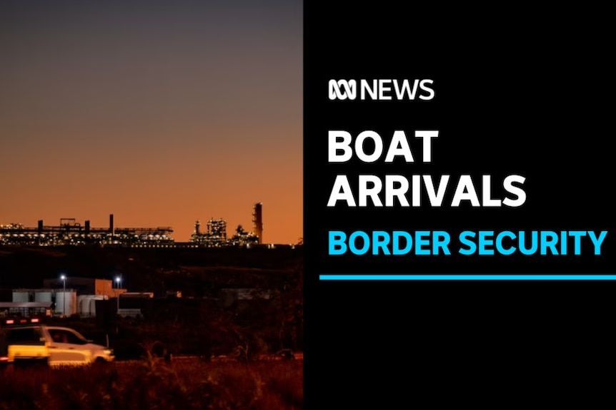 Boat Arrivals, Border Security: An industrial site at dusk in focus in the background with a ute driving in the foreground.