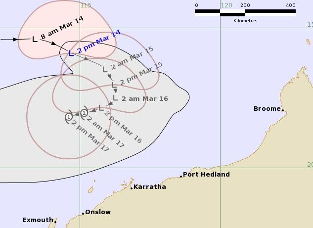 A graphic map of a cyclone forecast track