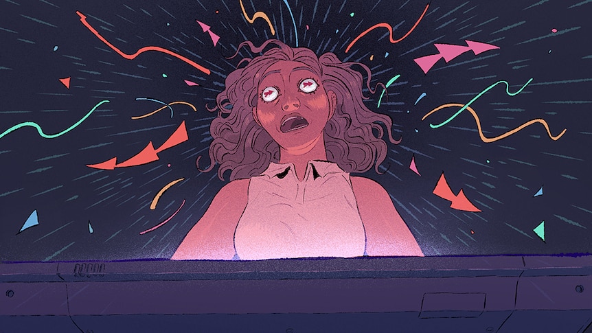 An illustration featuring a woman thrown back from a laptop screen eyes are the fast forward symbols