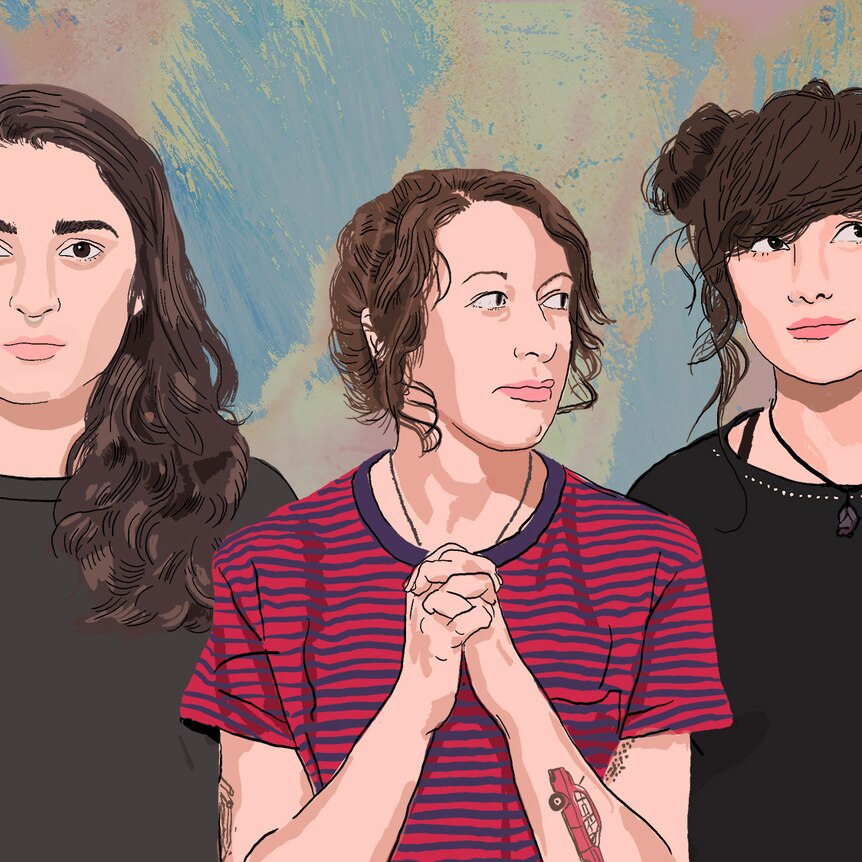 A digital drawing of Camp Cope - Georgia and Kelly are wearing black and Thomo is in the middle wearing a red striped shirt.
