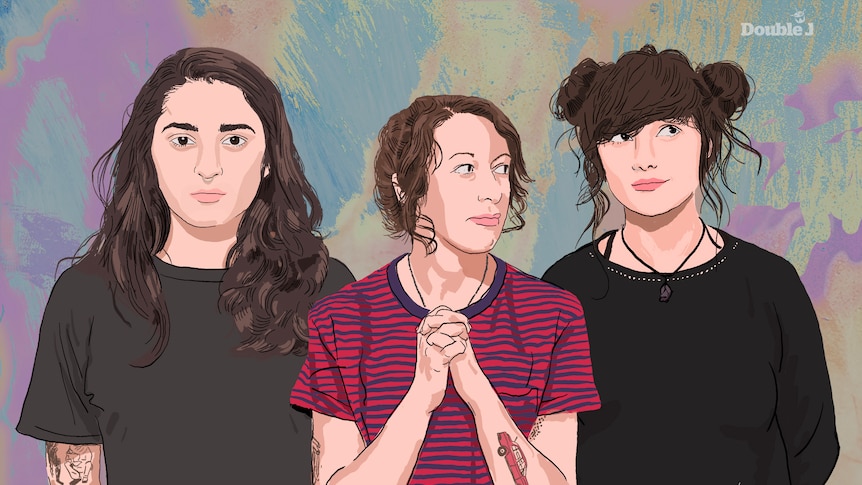 A digital drawing of Camp Cope - Georgia and Kelly are wearing black and Thomo is in the middle wearing a red striped shirt.