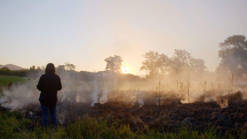 Karen Anderson looking at the blackened land from the burn on her property.