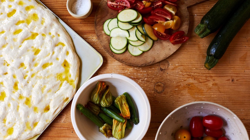 Ingredients for zucchini and cherry tomato focaccia by Julia Busuttil Nishimura