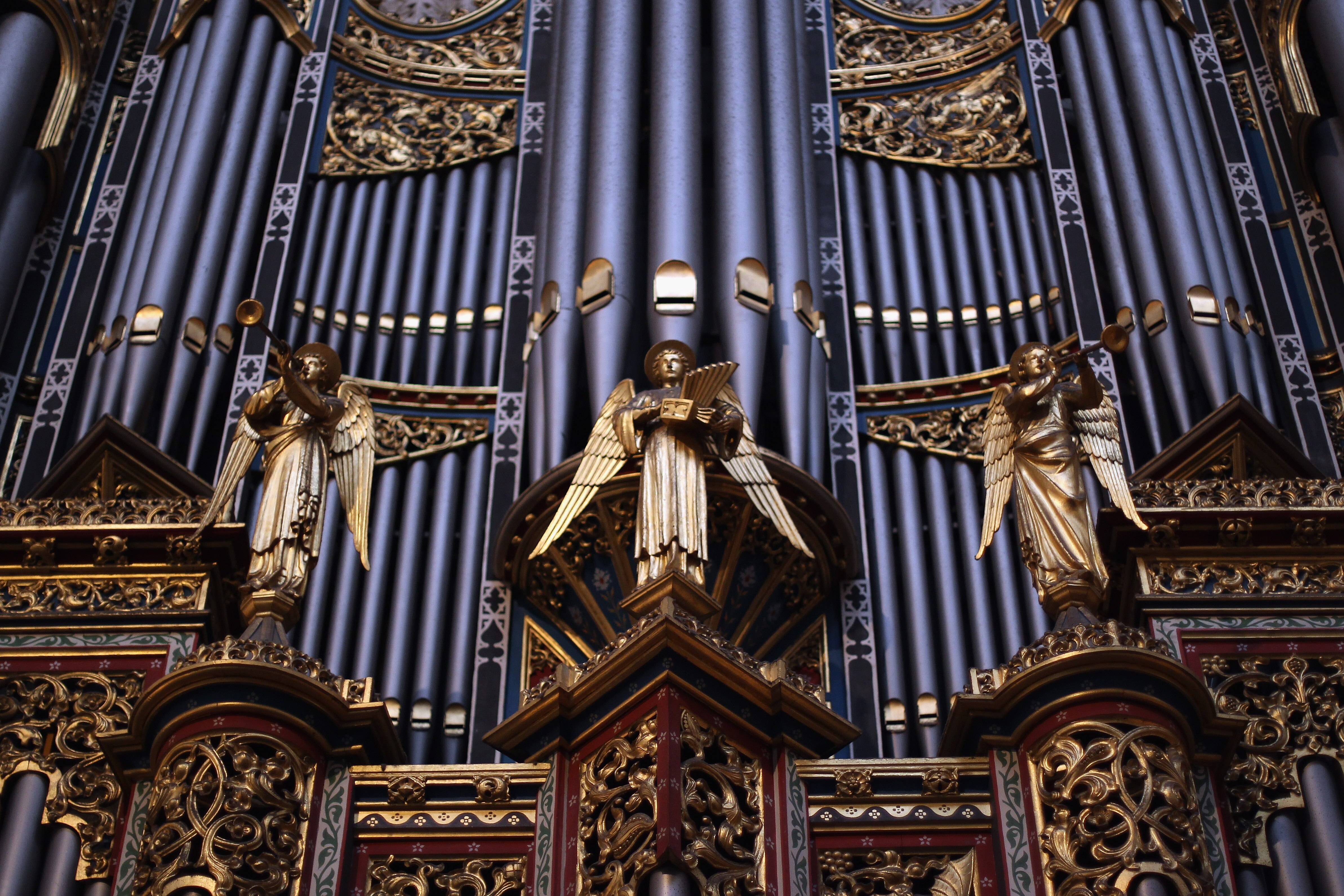 The organ pipes at Westminster Abbey with gold ornamentation of heralding angels and filigree