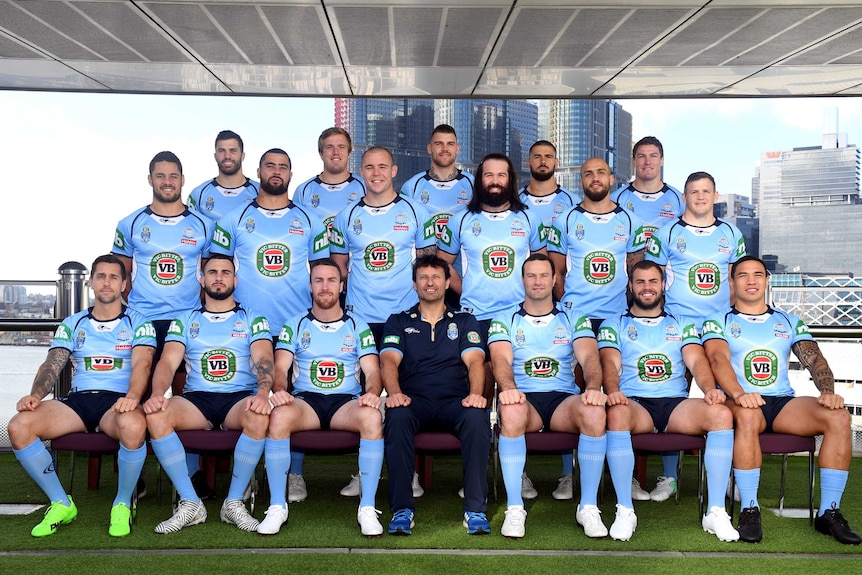 NSW State of Origin players pose for a team photograph in Sydney on June 13, 2017.