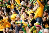 A crowd wearing yellow and green shouts and waves scarves after an exciting moment in a sports game