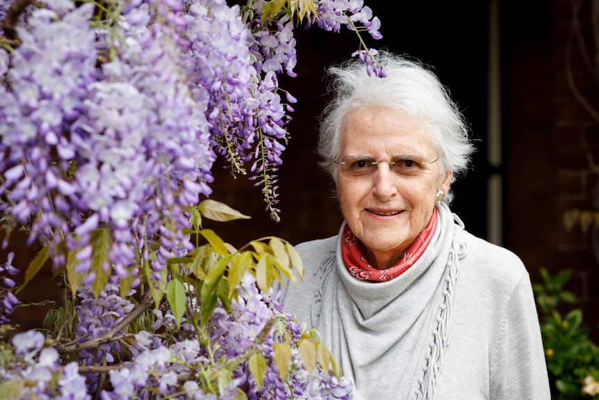 A woman with grey hair stands next to a flowering wisteria. 
