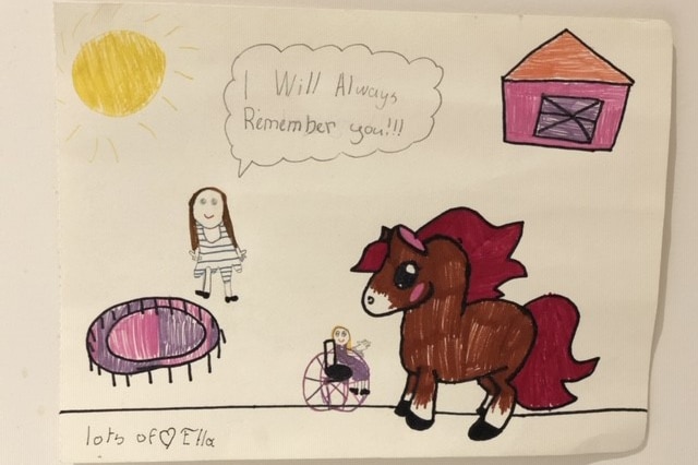 A child's drawing of a girl in a wheelchair and a unicorn