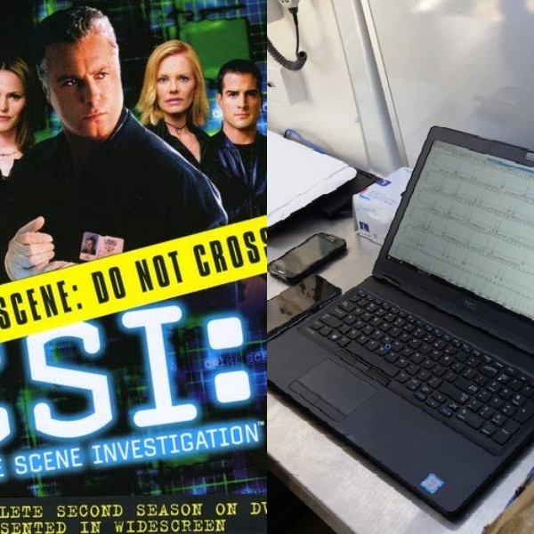 Composite image showing front cover of CSI DVD with actors and computer screen inside a forensics lab in Sydney.