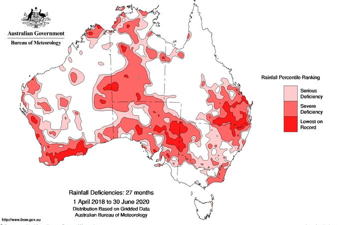 A map of Australia with a white background and red markings indicating areas of rainfall.