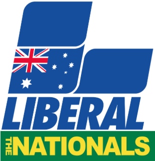 Logo on top says the word Liberal under an L-shape with Australian flag, the bottom logo says The Nationals in a green banner.