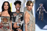 composite image of Becky G, Lil Nas X, Taylor Swift and a digital addition of Johnny Depp in astronaut suit