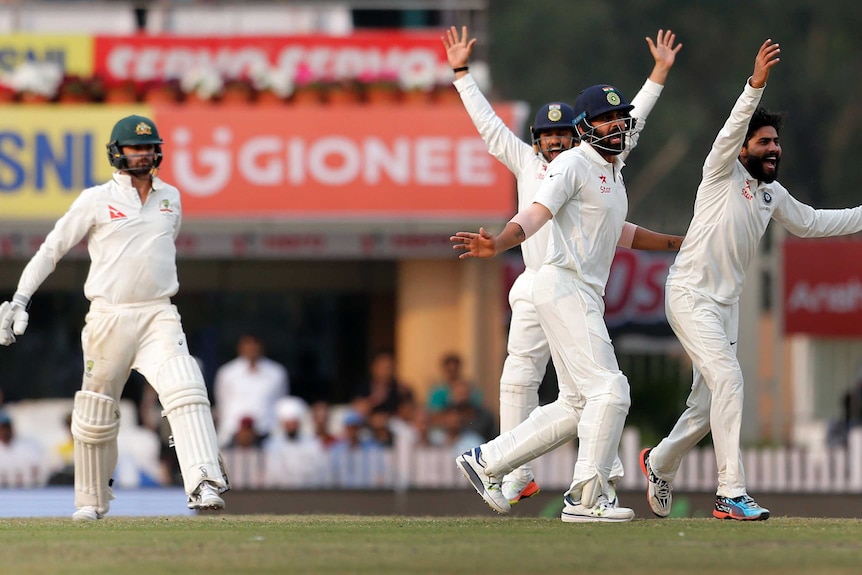 Ravi Jadeja and his India team-mates appeal for the wicket of Nathan Lyon.