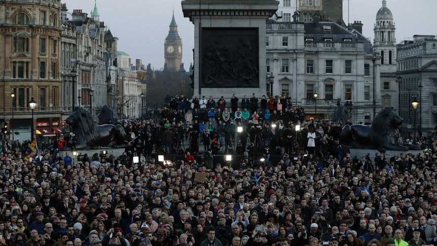 Crowds gather at Trafalgar Square in London in a vigil for the victims of the terrorist attack.