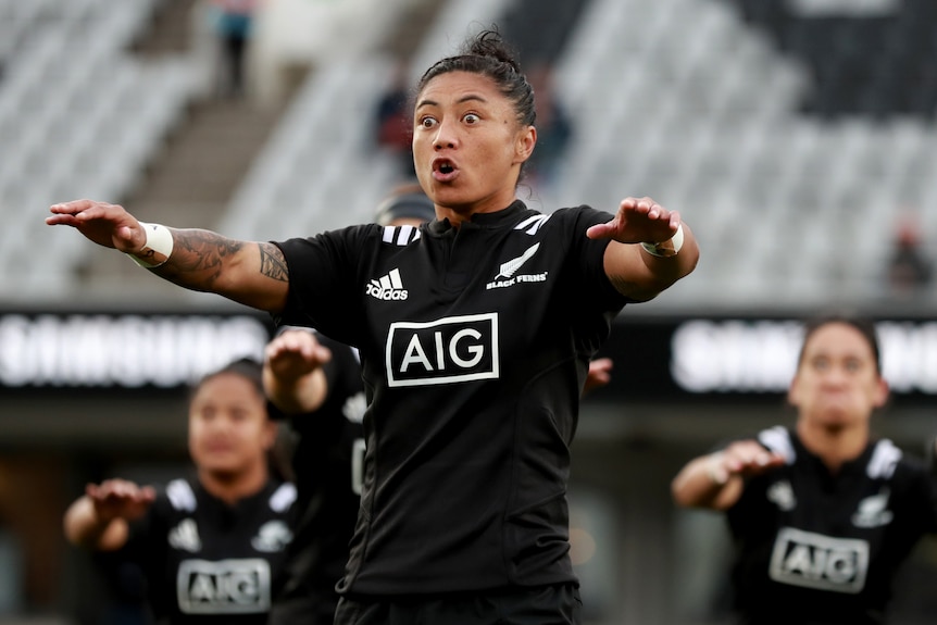Black Ferns' Renee Wickliffe performs the haka for a match against the Wallaroos