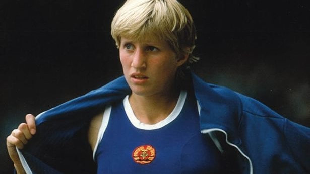 A photo of Ines Geipel as a young woman in her East German sport uniform.