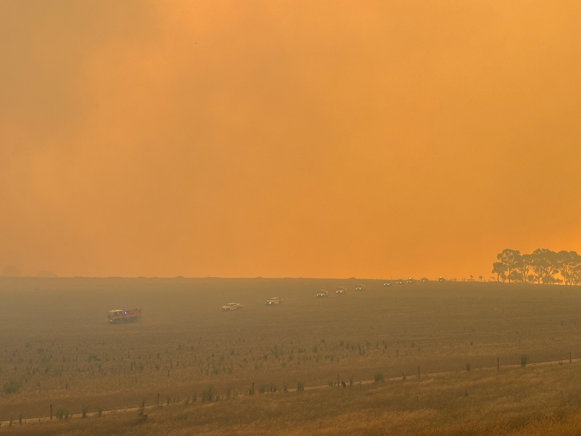 A red fire truck is followed through a paddock by 10 four wheel drives with their lights on under an orange smoky sky.