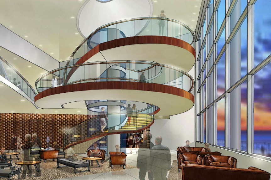 Artist's impression of the Wrest Point refurbishment showing spiral stairs in the atrium with glass elevator.