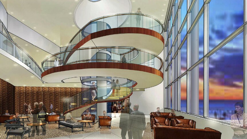 Artists impression of the Wrest Point refurbishment showing spiral stairs in the atrium with glass elevator.