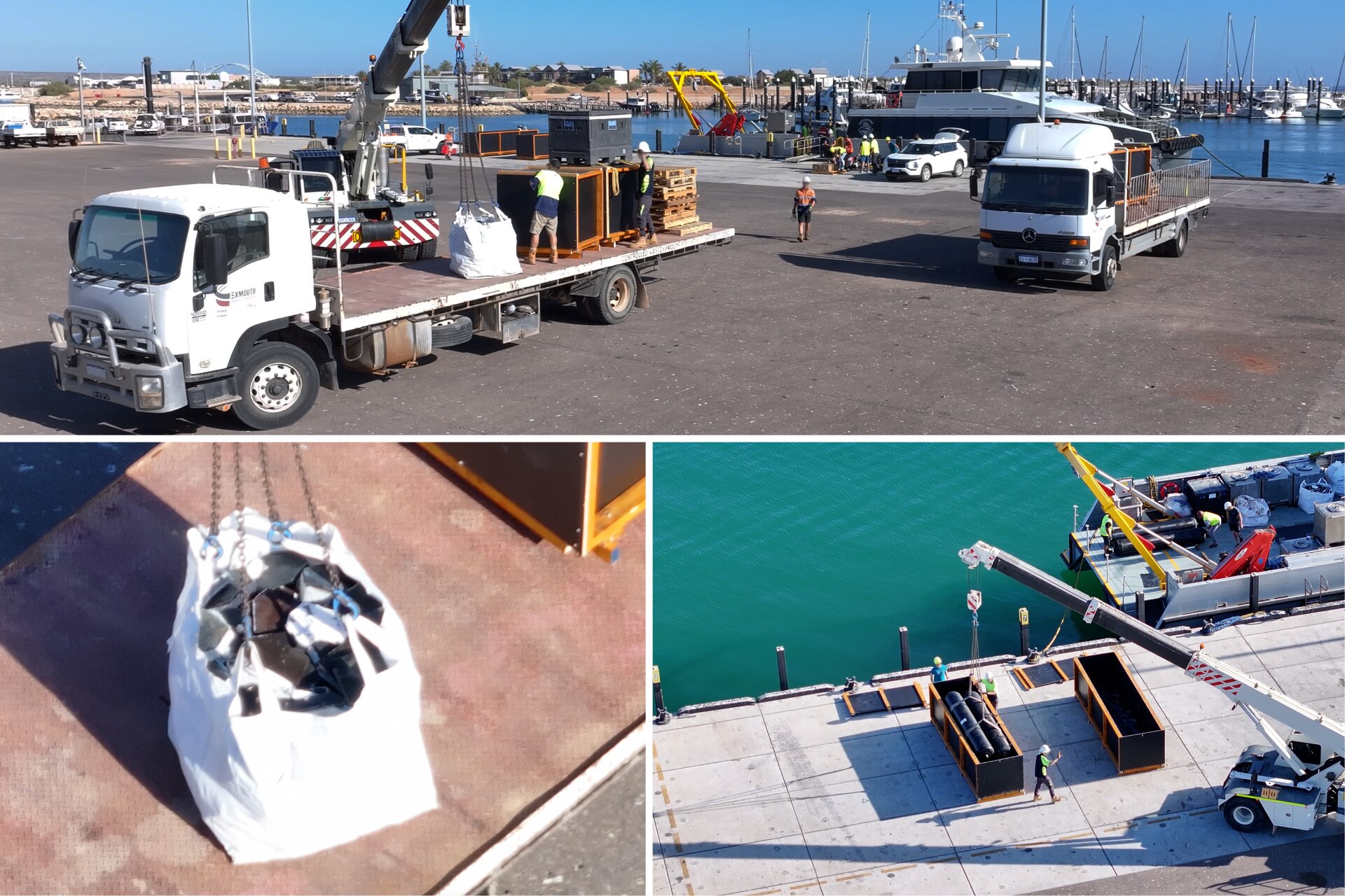 A collage of large pieces of debris being loaded off a ship.
