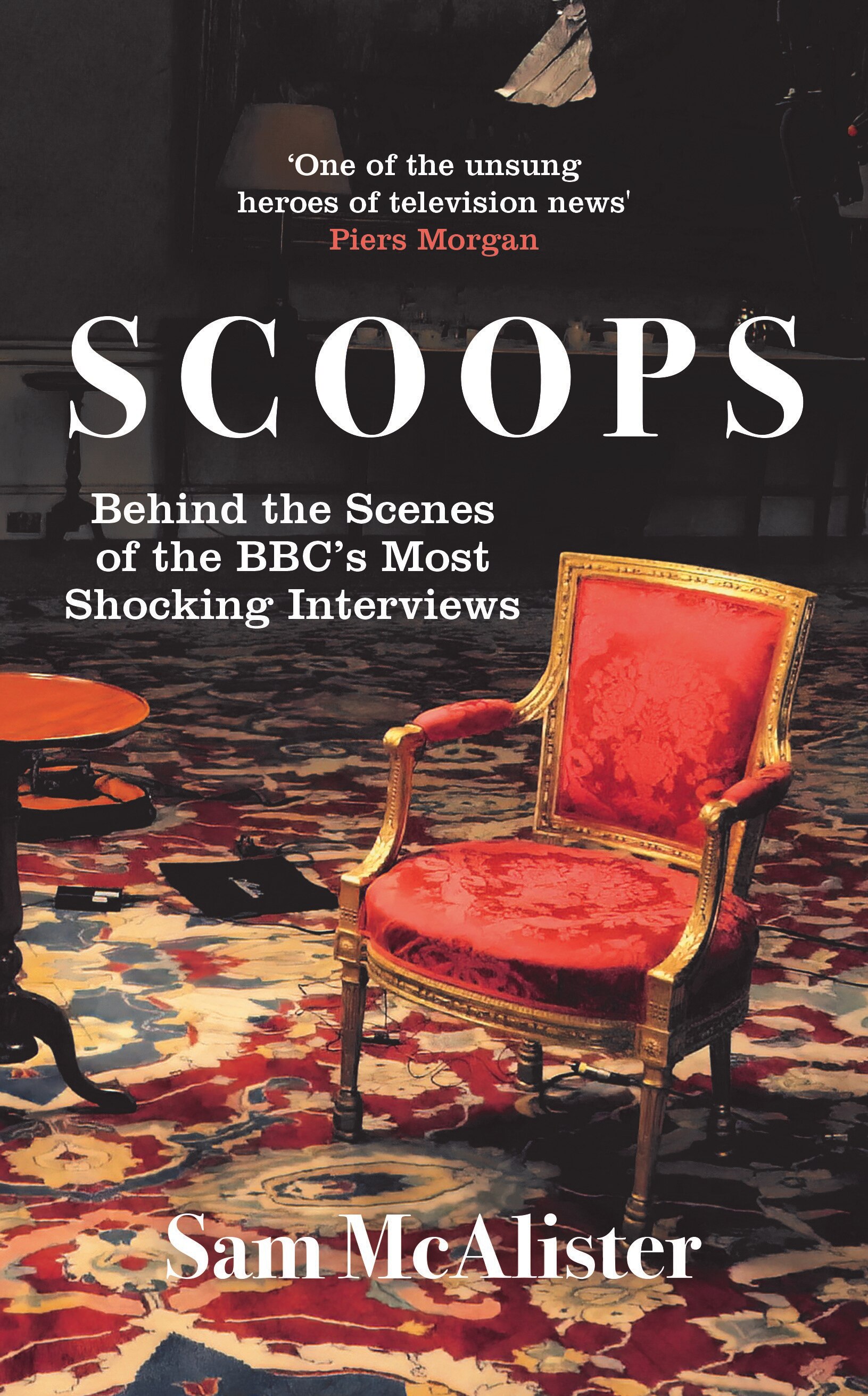 The book cover to Scoops by Sam McAlister, featuring an empty chair